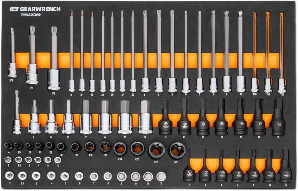 GEARWRENCH 74 Piece 1/4”, 3/8”, 1/2” Drive Metric Bit Socket Set in Foam Storage Tray - GWMSBSKCBMM